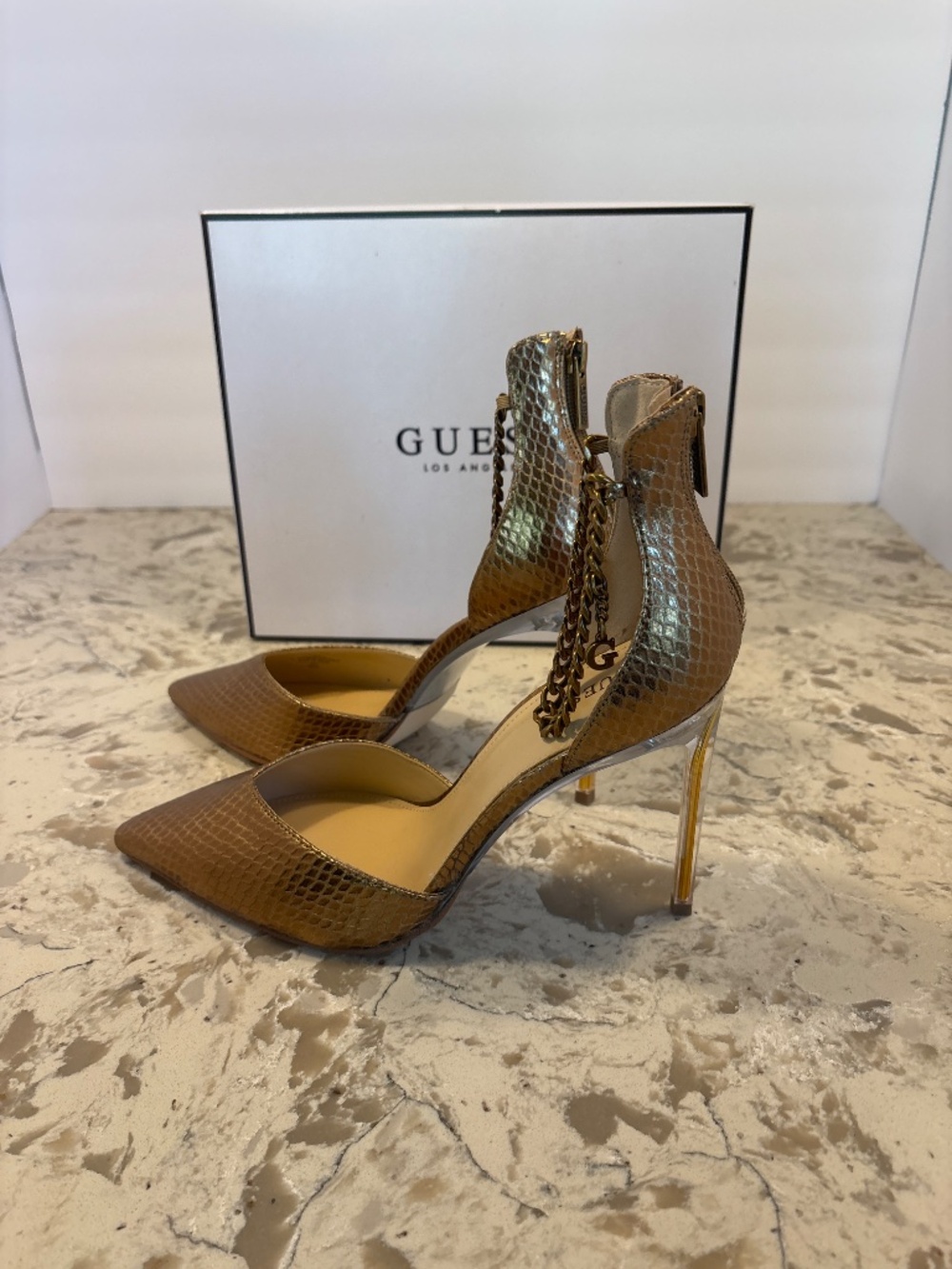 EUC Guess Women’s Stefany Heels Bronze Snake Print Chain Link Ankle 10 M - Picture 4 of 6